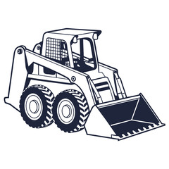 Dark blue skid steer loader with bucket and large tires compact equipment
