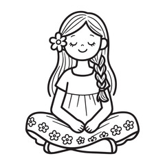  Peaceful Young Girl Sitting Cross Legged with Daisy and Floral Dress Line Art Coloring Illustration. 