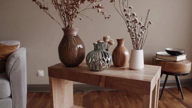 Inside Decoration Scheme of Sitting Area Featuring Wooden Display, Chic Vessels Containing Preserved Blooms, Receptacle, Tan-Colored Partition, Timber Flooring and Individual Accoutrements