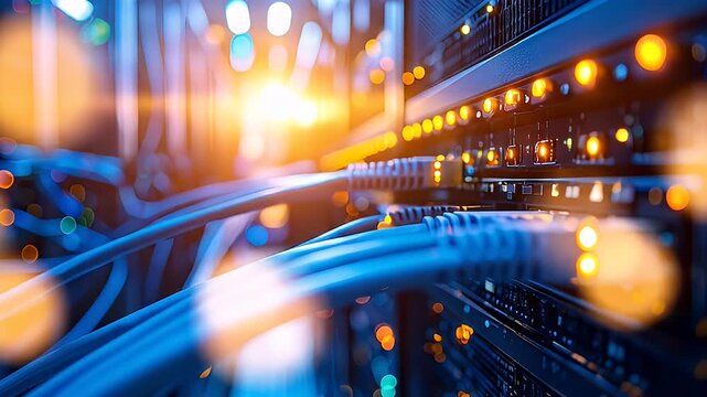 Data center cables and servers glow in blue and gold tones, emphasizing connectivity