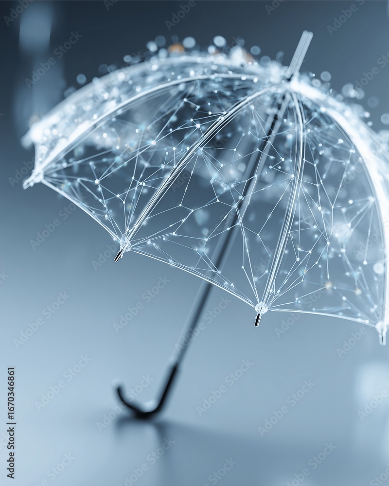 Poster digital protection: a digitally rendered transparent umbrella, adorned with an intricate network of 