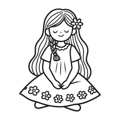  Peaceful Young Girl Sitting Cross Legged with Daisy and Floral Dress Line Art Coloring Illustration. 