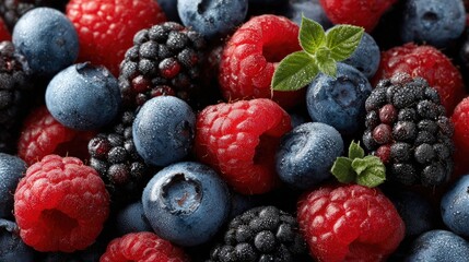 Close up of mixed berries covered with water drops, creating a vibrant and refreshing image