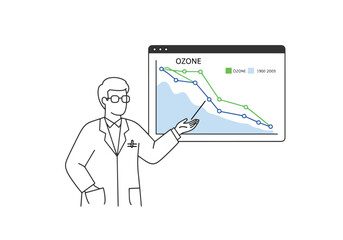 Scientist in lab coat presents ozone depletion graph on screen, pointing to the declining trend.