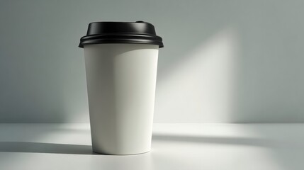 Minimalist White Coffee Cup with Black Lid on Soft Background Light