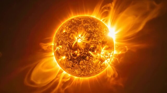 Burning sphere emitting bright coronal loops against a dark starry expanse