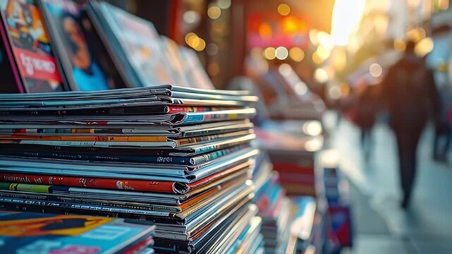 Piles of colorful magazines stacked near a sunlit street scene, depth of field