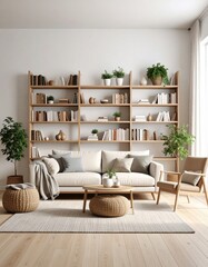 Sunlit Japandi Sanctuary with a WalltoWall Bookshelf and Earthy Textures.