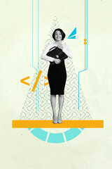 Pop 3d zine vertical art collage of happy businessman businesswoman stand diagram development statistics progress chance
