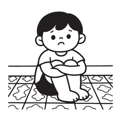 Sad Young Child Sitting Cross Legged with Gentle Expression silhouette vector Design.