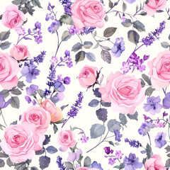 Provence Roses and Lavender Seamless Pattern. Watercolor Floral Design