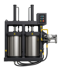 Fototapeta premium Dual-chamber hydraulic press with automatic bale tying for efficient plastic bottle processing in a recycling factory.