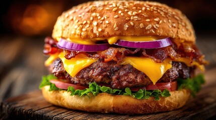 Juicy cheeseburger with melted cheddar cheese, crispy bacon, fresh lettuce, tomato, and red onion on a toasted sesame seed bun