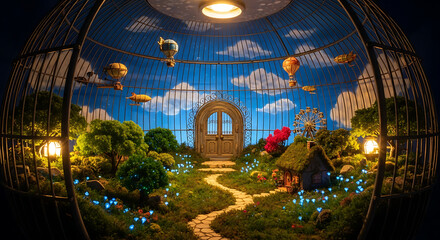Obraz premium Enchanted Miniature Garden with Airships Inside a Birdcage Structure.