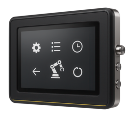 Embedded 9-inch touchscreen operator panel with a low-profile bezel for a robotics assembly line