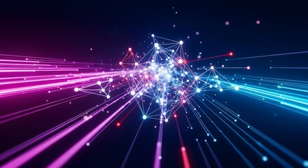 Obraz premium Colorful light trails and network connections moving at high speed, representing fast data transfer, fiber optics, or digital information flow.