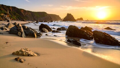 Golden sunset over a rocky beach