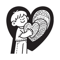 Smiling Young Child Holding Patterned Heart Black and White Line Art Illustration.