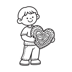 Smiling Young Child Holding Patterned Heart Black and White Line Art Illustration.