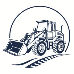 Naklejka premium Dark blue loader vehicle with bucket and tires inside a circle construction heavy