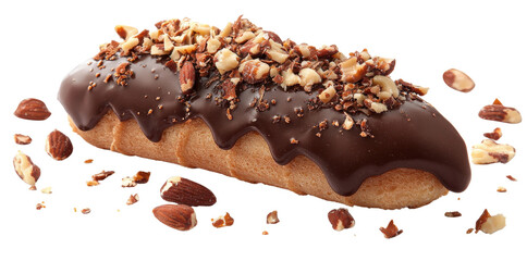 Delicious chocolate eclair topped with nuts, perfect for dessert lovers