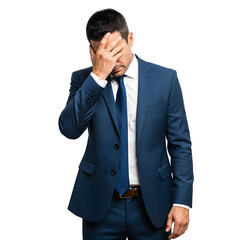 A frustrated businessman in a suit covering his face with his hand in a gesture of disappointment or failure