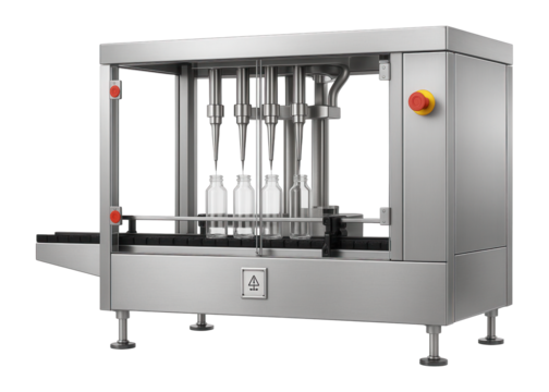 Linear bottle filling machine with a stainless steel frame for a pharmaceutical production facility