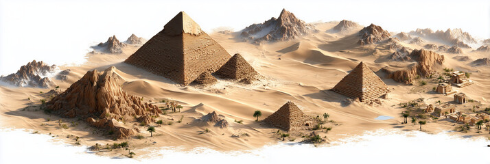 Explore the majestic pyramids of Egypt surrounded by vast desert landscapes and ancient ruins under a bright blue sky