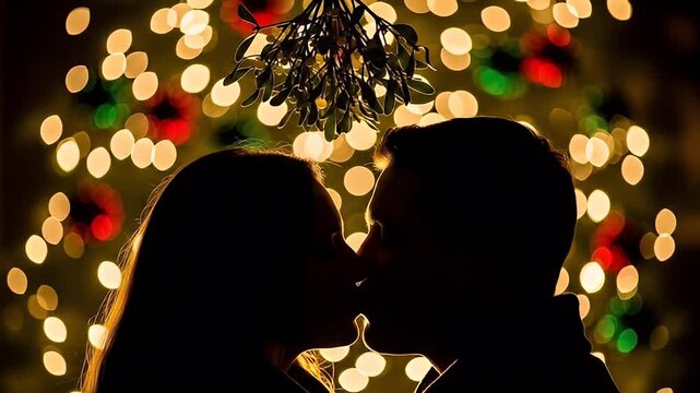Couple silhouette kissing under mistletoe with festive out of focus lights background