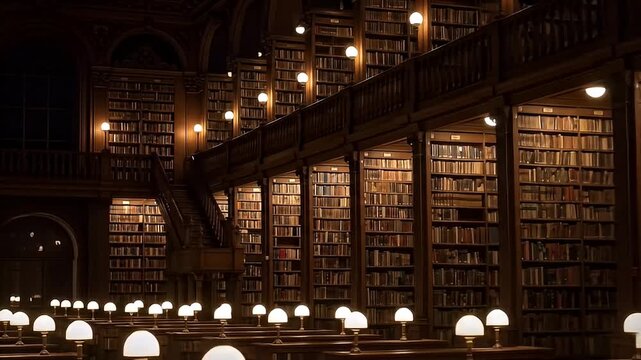 An immense vintage library features towering bookshelves and a mezzanine with globe lamps