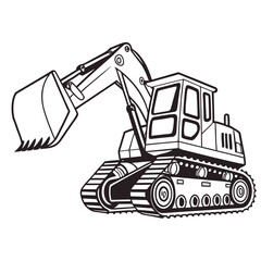 Black and white line art illustration of a tracked excavator digger construction