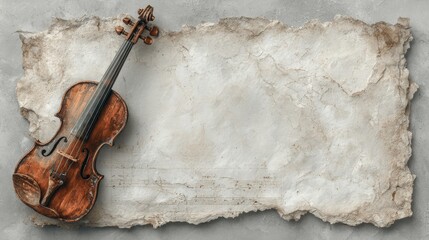 Old violin resting on vintage sheet music on gray background, creating a nostalgic and evocative musical atmosphere