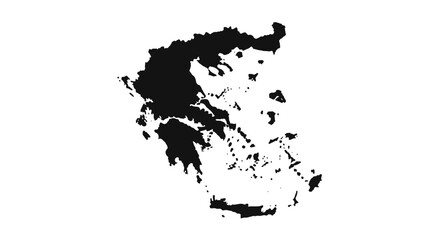 Black and white silhouette map of Greece, showcasing its mainland and numerous islands.