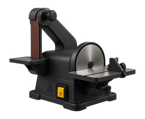 Tabletop belt and disc sander combination with a miter gauge for precise sanding in a custom shoe design studio.