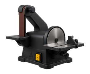 Tabletop belt and disc sander combination with a miter gauge for precise sanding in a custom shoe design studio.