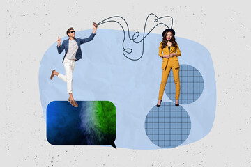 Art image trendy pop full zine photo collage of happy girl guy stand bubble communication chat...
