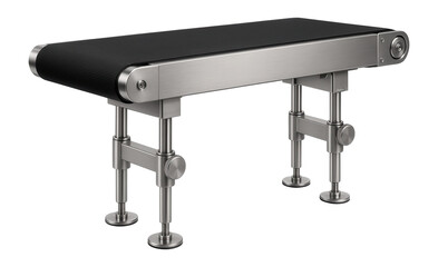 Belt conveyor with a flat rubber belt and adjustable height for a packaging facility.