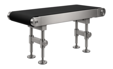Belt conveyor with a flat rubber belt and adjustable height for a packaging facility.