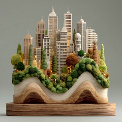 Miniature cityscape with lush green hills and wooden base model buildings trees