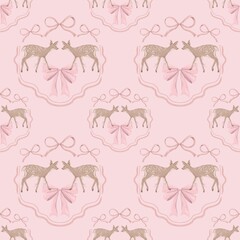 Cottagecore Deer with Bow Seamless Pattern, Whimsical Vintage Pastel Design, Romantic Cute Deer Illustration with Ribbons and Flowers, Aesthetic Country Charm Background
