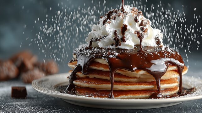 Stack of pancakes topping with chocolate sauce, whipped cream and icing sugar on a plate