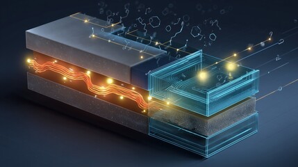 Fototapeta premium Sodium-Ion Batteries. infographic-style illustration of a sodium-ion battery cross-section, detailed layers of electrodes and electrolyte, glowing sodium ions flowing