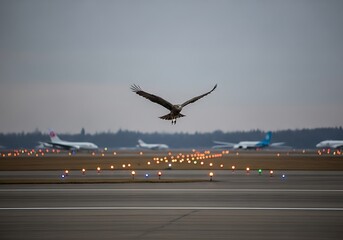 Bird flying over airport runway at dusk
