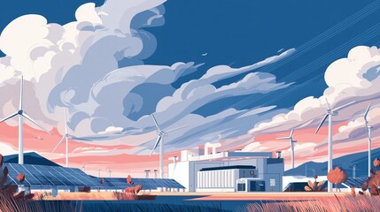 Sodium-Ion Batteries. Illustration of a large sodium-ion battery storage system connected to solar panels and wind turbines, eco-friendly futuristic landscape, vibrant colors