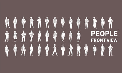 Front view people silhouettes set, business characters standing, diverse poses collection, flat human illustration, team design concept, minimal style.