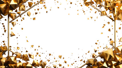Gold foil overlay frame with scattered geometric shards and minimal polygon shapes on edges, futuristic aesthetic, white background, isolated to transparent background