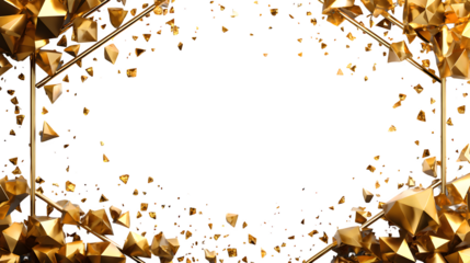 Gold foil overlay frame with scattered geometric shards and minimal polygon shapes on edges, futuristic aesthetic, white background, isolated to transparent background