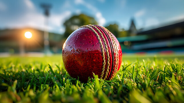 Red cricket ball resting on lush green grass in stadium at sunset - Powered by Adobe