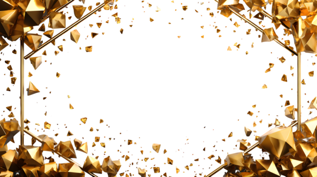 Gold foil overlay frame with scattered geometric shards and minimal polygon shapes on edges, futuristic aesthetic, white background, isolated to transparent background