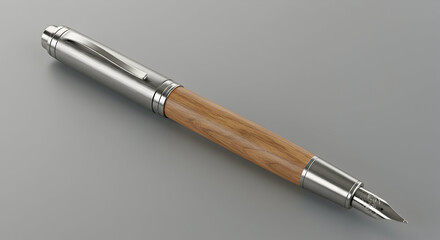 Elegant Fountain Pen with Wooden Inlay on Gray Background